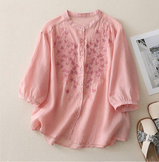 Butterfly Embroidered Cotton Shirt