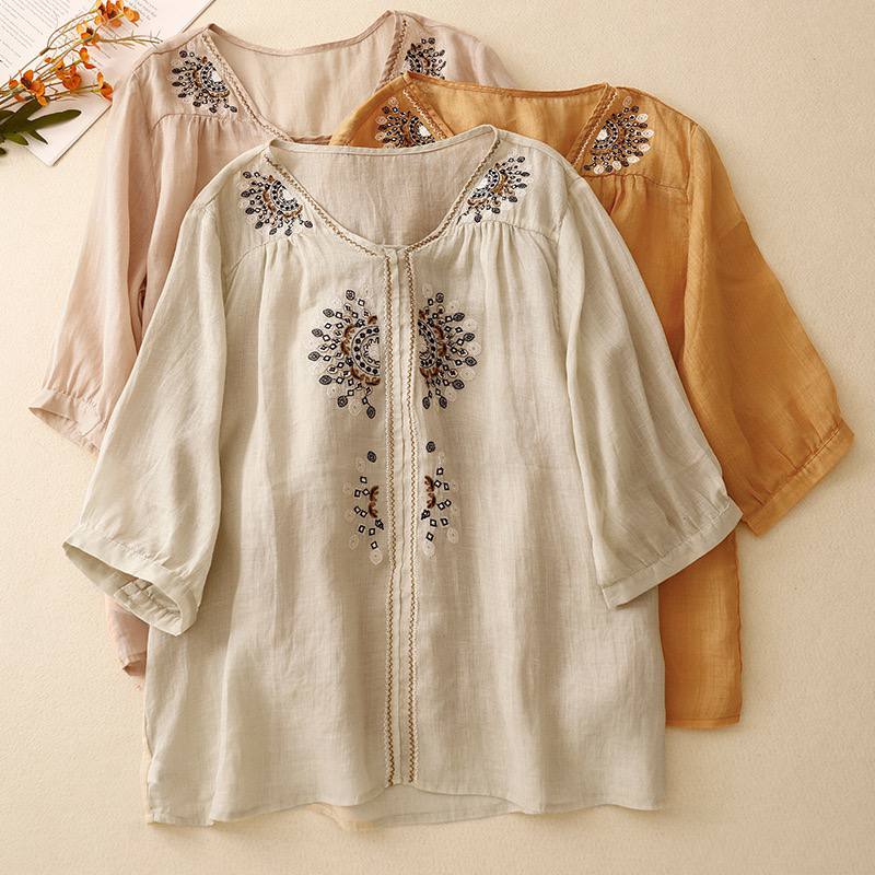 Bohemian Embroidered Cotton-Linen Shirt