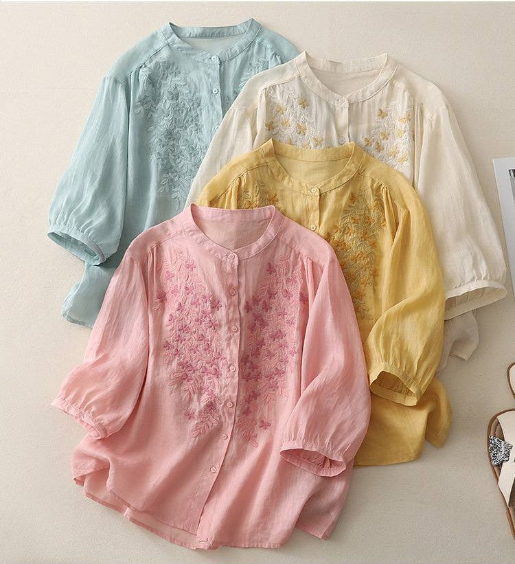 Butterfly Embroidered Cotton Shirt