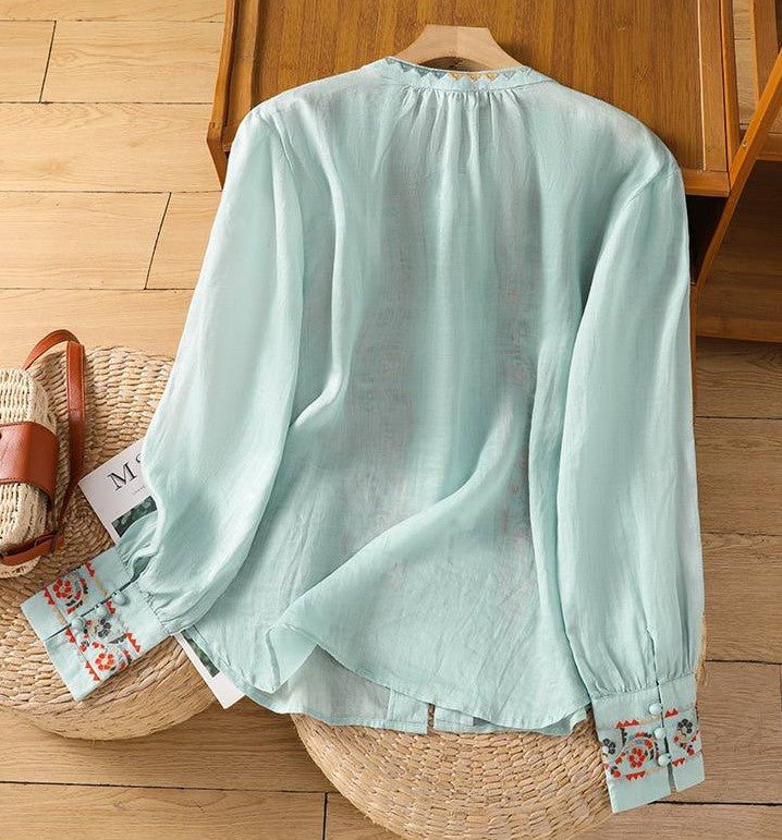 Retro Embroidered Button-Front Shirt