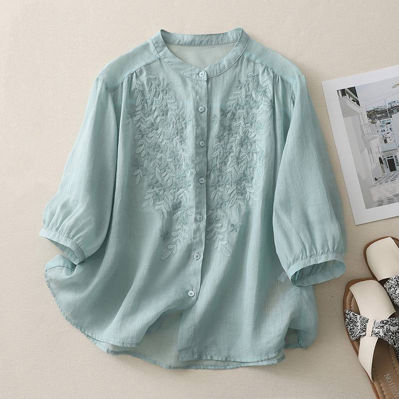 Butterfly Embroidered Cotton Shirt