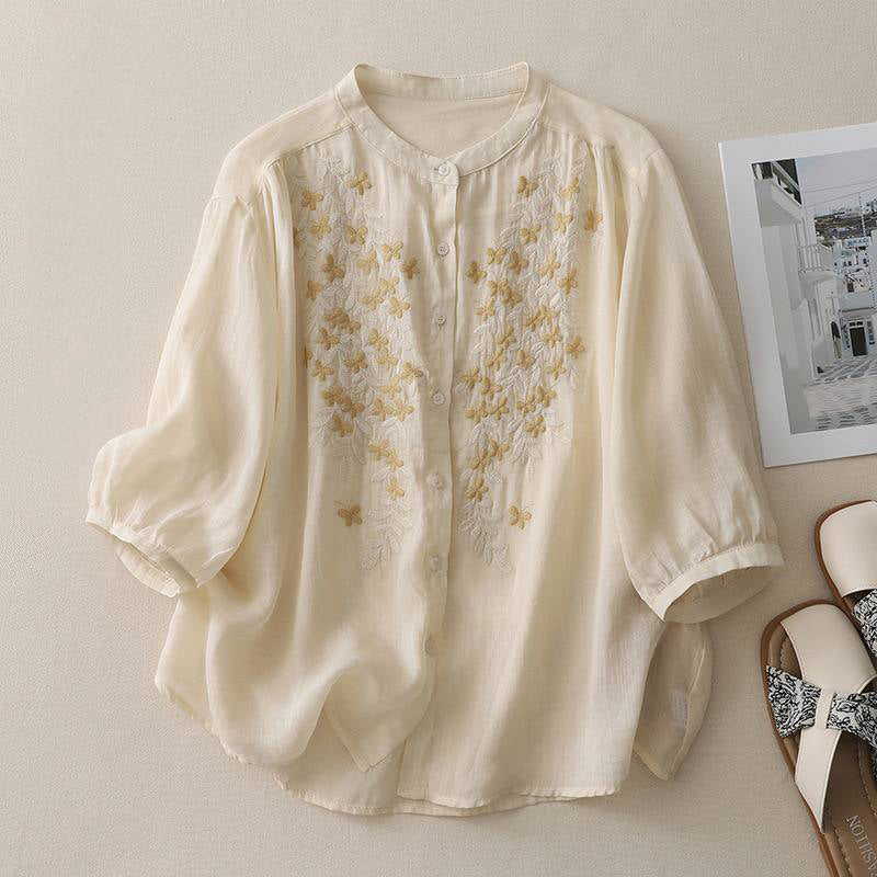 Butterfly Embroidered Cotton Shirt