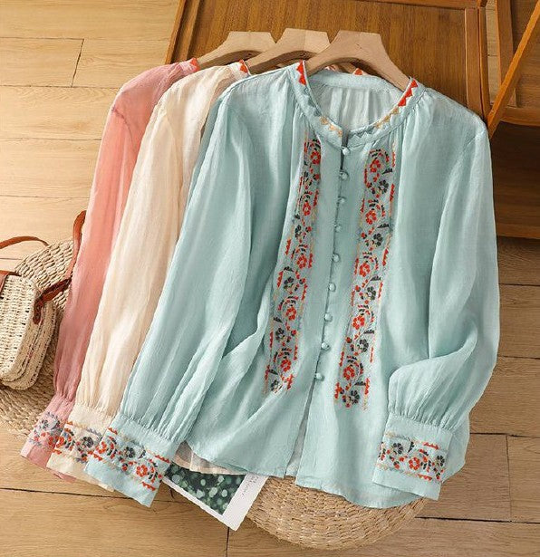 Retro Embroidered Button-Front Shirt