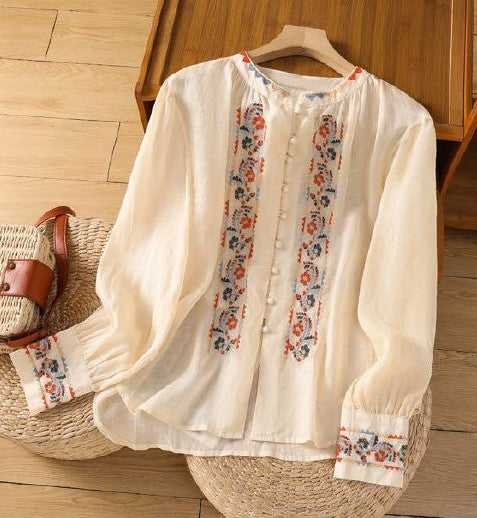 Retro Embroidered Button-Front Shirt