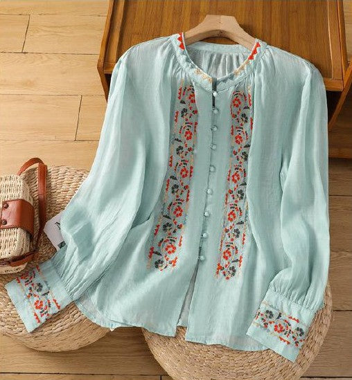 Retro Embroidered Button-Front Shirt