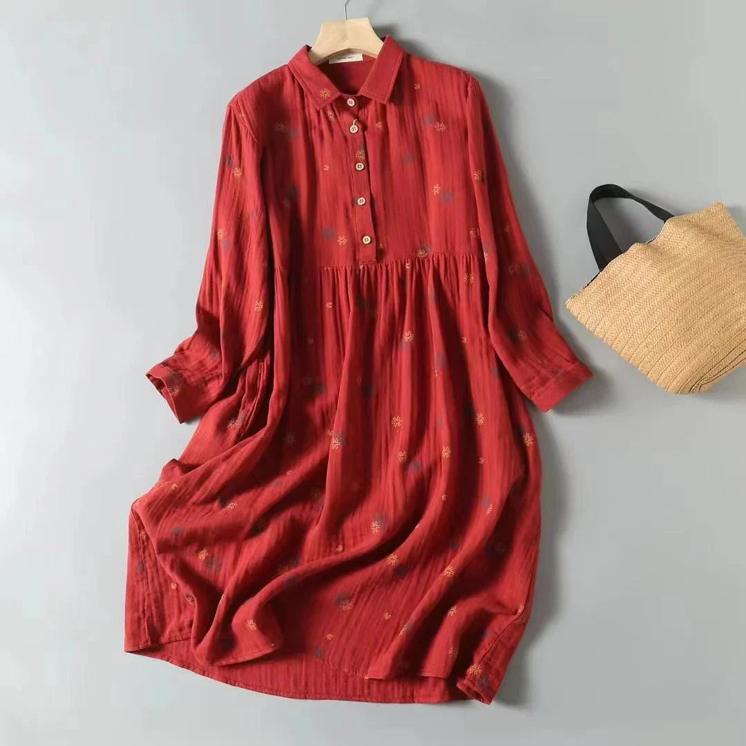 Graceful Pure Cotton Lantern Sleeve Midi Dress