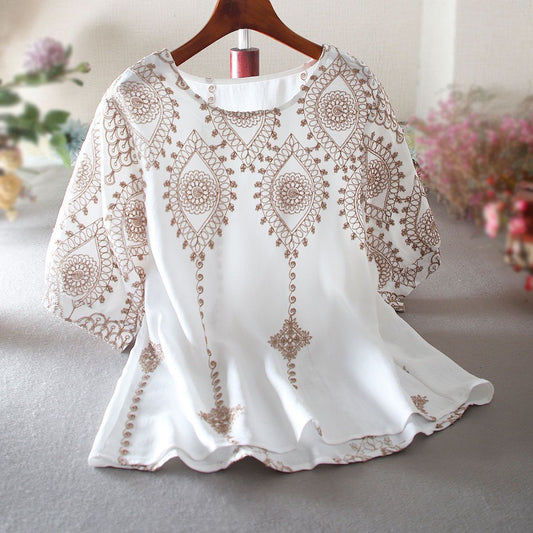 Boho Embroidered Linen Cotton Top