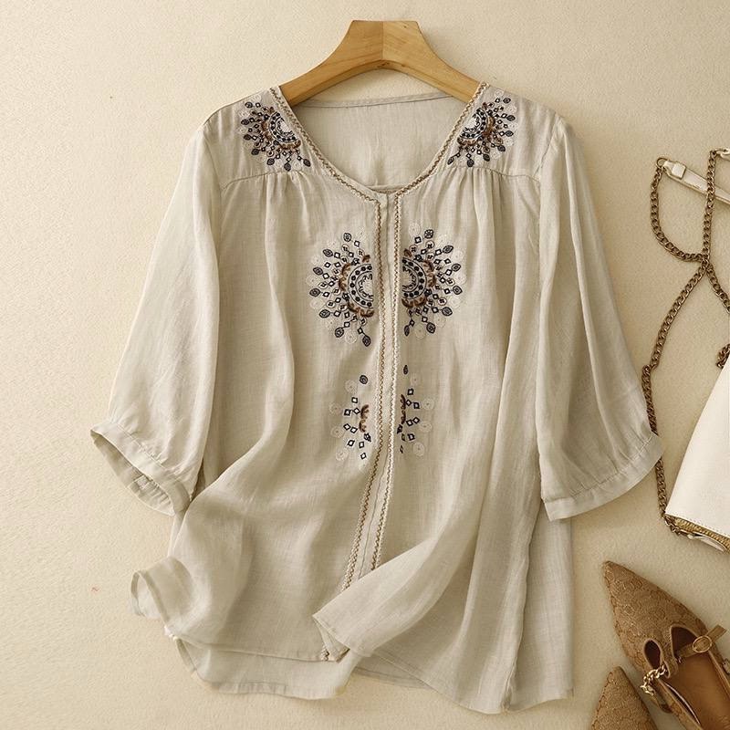Bohemian Embroidered Cotton-Linen Shirt