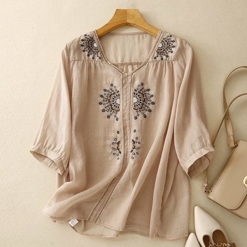 Bohemian Embroidered Cotton-Linen Shirt