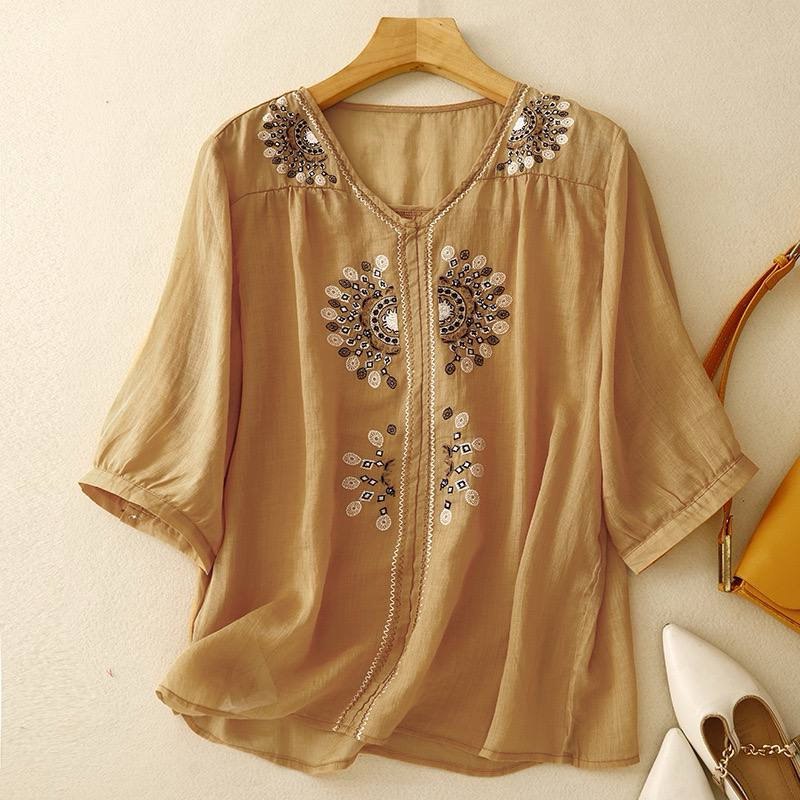 Bohemian Embroidered Cotton-Linen Shirt